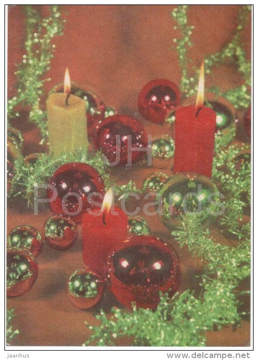 New Year Greeting card - 1 - decorations - candles - 1974 - Estonia USSR - used - JH Postcards