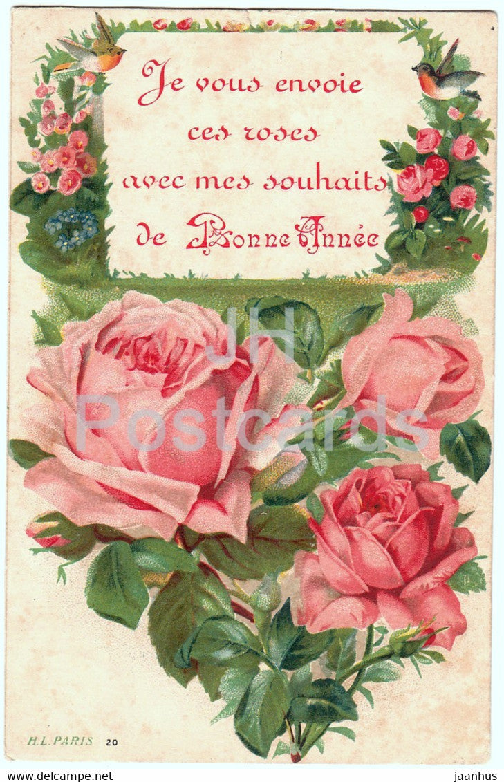 pink roses - flowers - Je vous envoie ces roses - illustration - HL Paris - old postcard - 1907 - France - used - JH Postcards