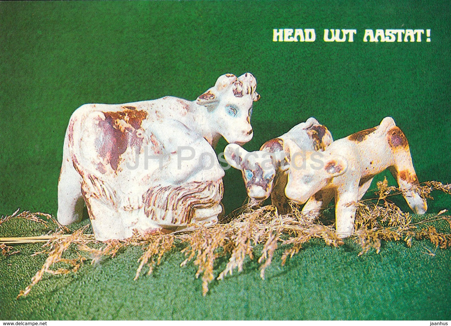 New Year Greeting card - ceramic cows - 1985 - Estonia USSR - used - JH Postcards