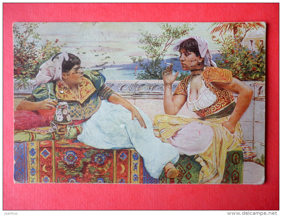 illustration - plauderei - causerie - women smoking - R 509 - circulated in Estonia 1922 - JH Postcards