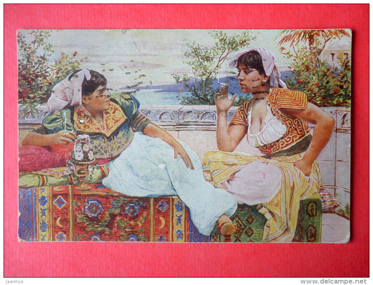 illustration - plauderei - causerie - women smoking - R 509 - circulated in Estonia 1922 - JH Postcards