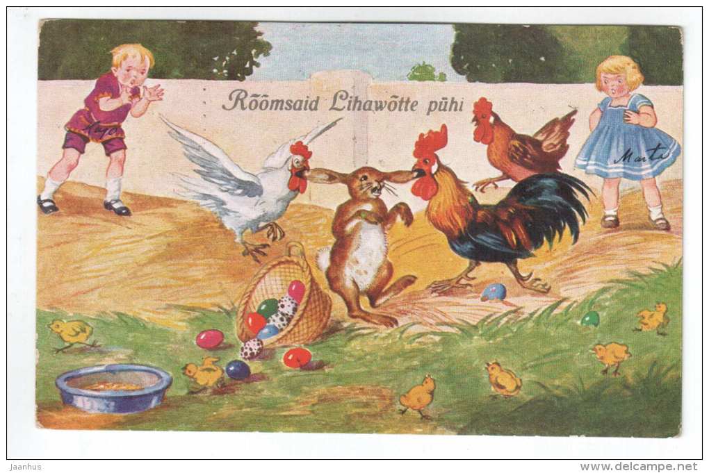 Easter Greeting Card - hare - cock - chicken - eggs - WSSB 9860 - old postcard - circulated in Estonia 1929 - used - JH Postcards