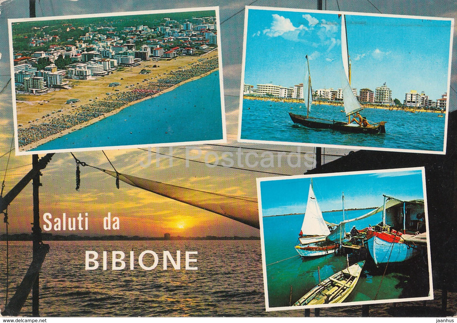 Saluti da Bibione - dall'Aereo - beach - sailing boat - Italy - 1977 - used - JH Postcards