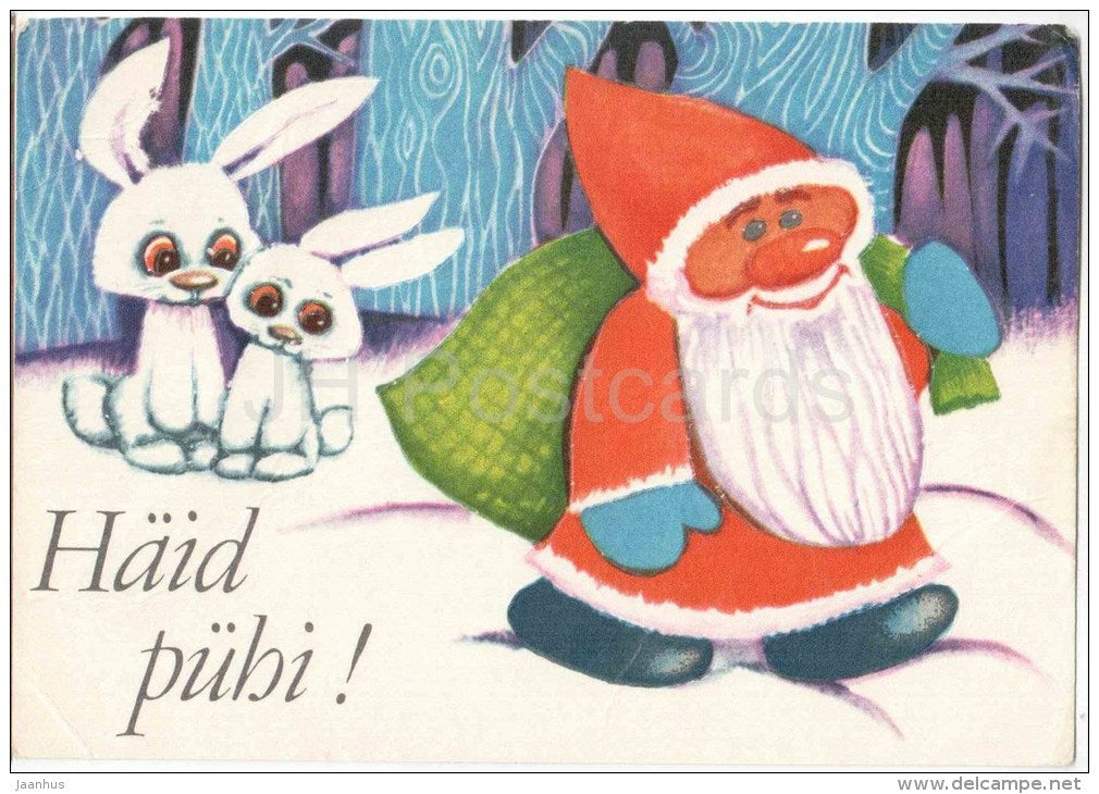 New Year Greeting card by S. Väljal - hare - Sant Claus - 1974 - Estonia USSR - used - JH Postcards