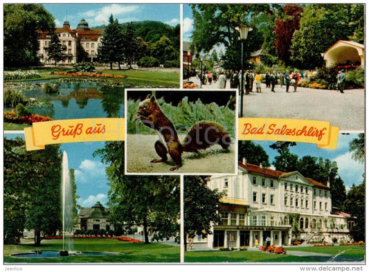 Gruss aus Bad Salzschlirf - Badehof - Partie im Kurpark - Haus - Eichhörnchen - squirrel - Germany - 1976 gelaufen - JH Postcards