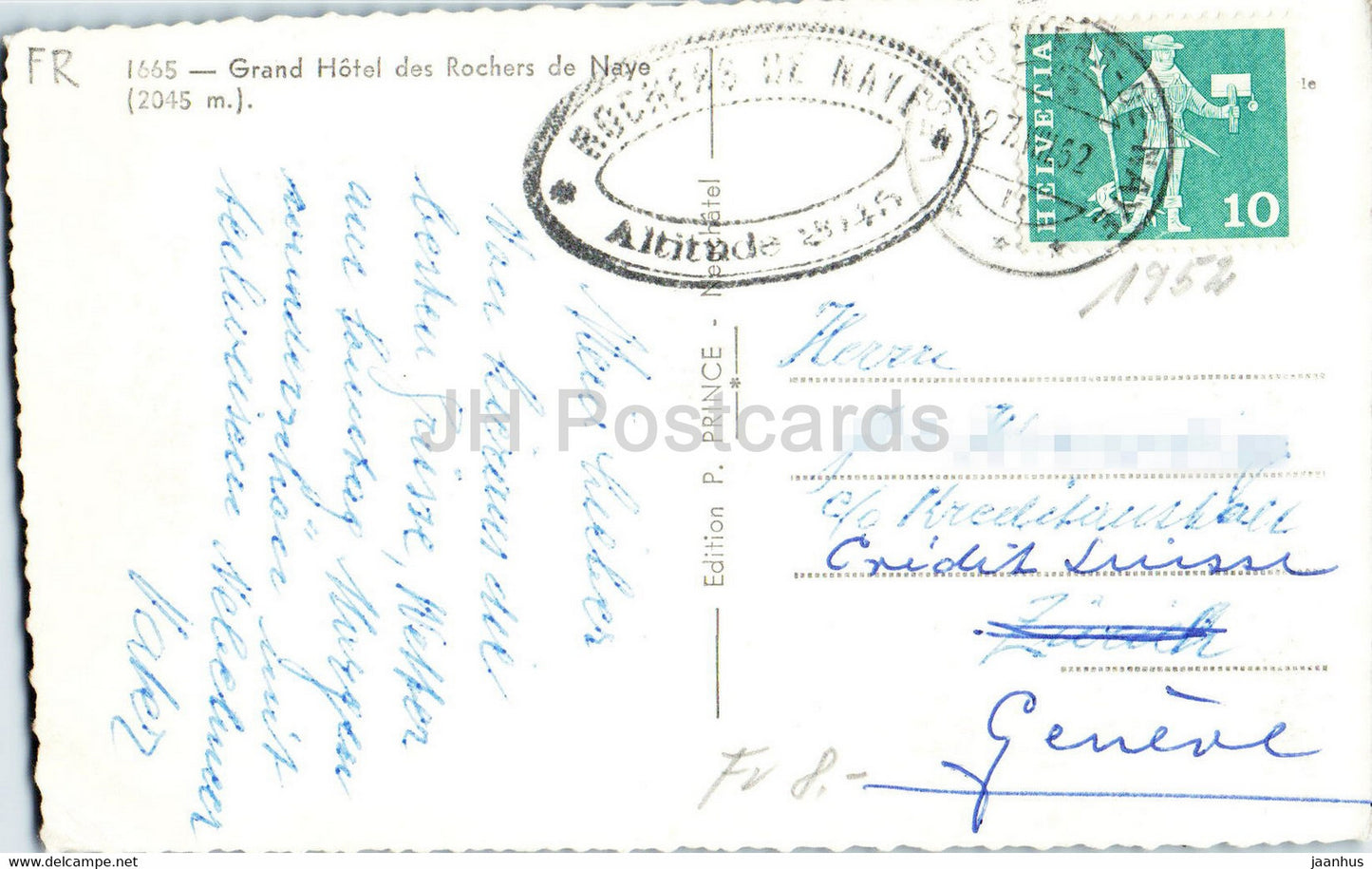 Grand Hotel des Rochers de Naye 2045 m - 1665 - old postcard - 1952 - Switzerland - used