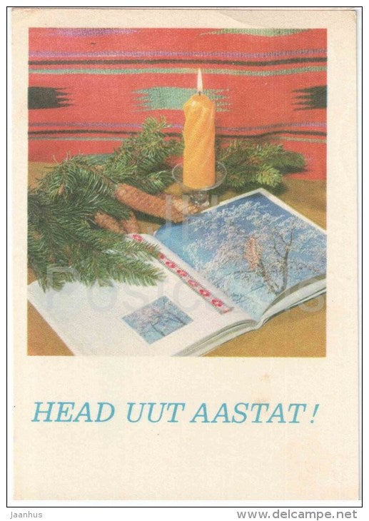 New Year Greeting card - 1 - cones - candle - book - 1974 - Estonia USSR - used - JH Postcards