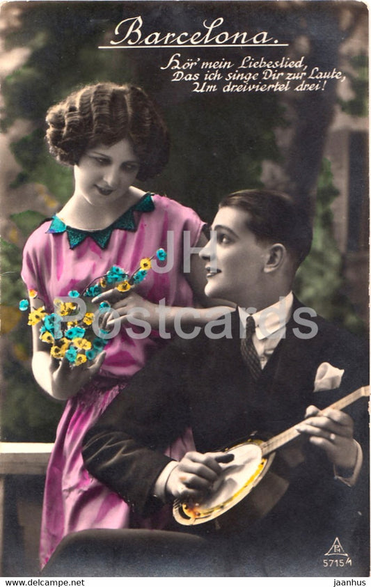 Barcelona - couple - woman and man - banjo - PH 5715/1 - old postcard - Germany - unused - JH Postcards