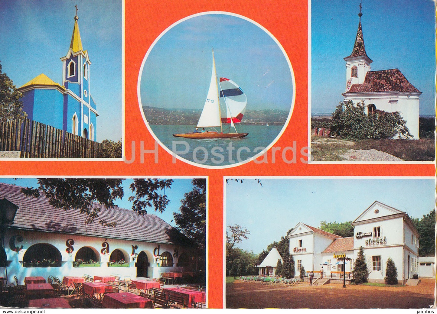 Boglarlelle - sailing boat - church - street - multiview - 1980s - Hungary - used - JH Postcards