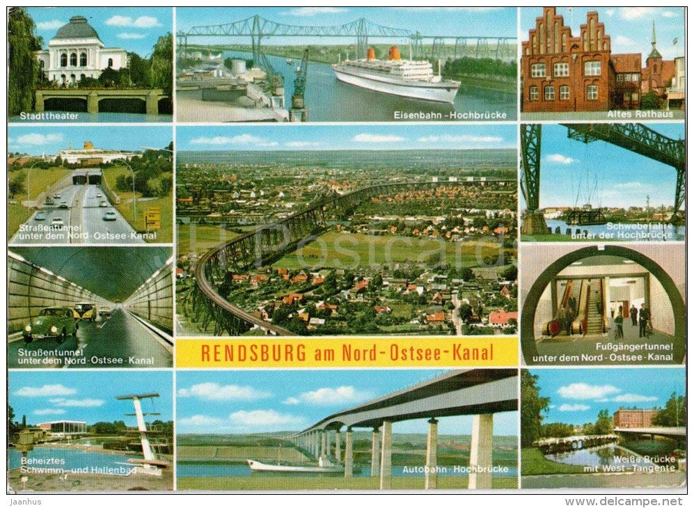 Rendsburg am Nord-Ostsee-Kanal - Stadttheater - Strassentunnel - Rathaus - Eisenbahn-Hochbrücke  Germany - 1977 gelaufen - JH Postcards