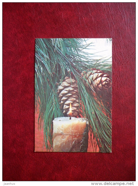 New Year mini Greeting card - pine cones - candle - 1978 - Estonia USSR - unused - JH Postcards