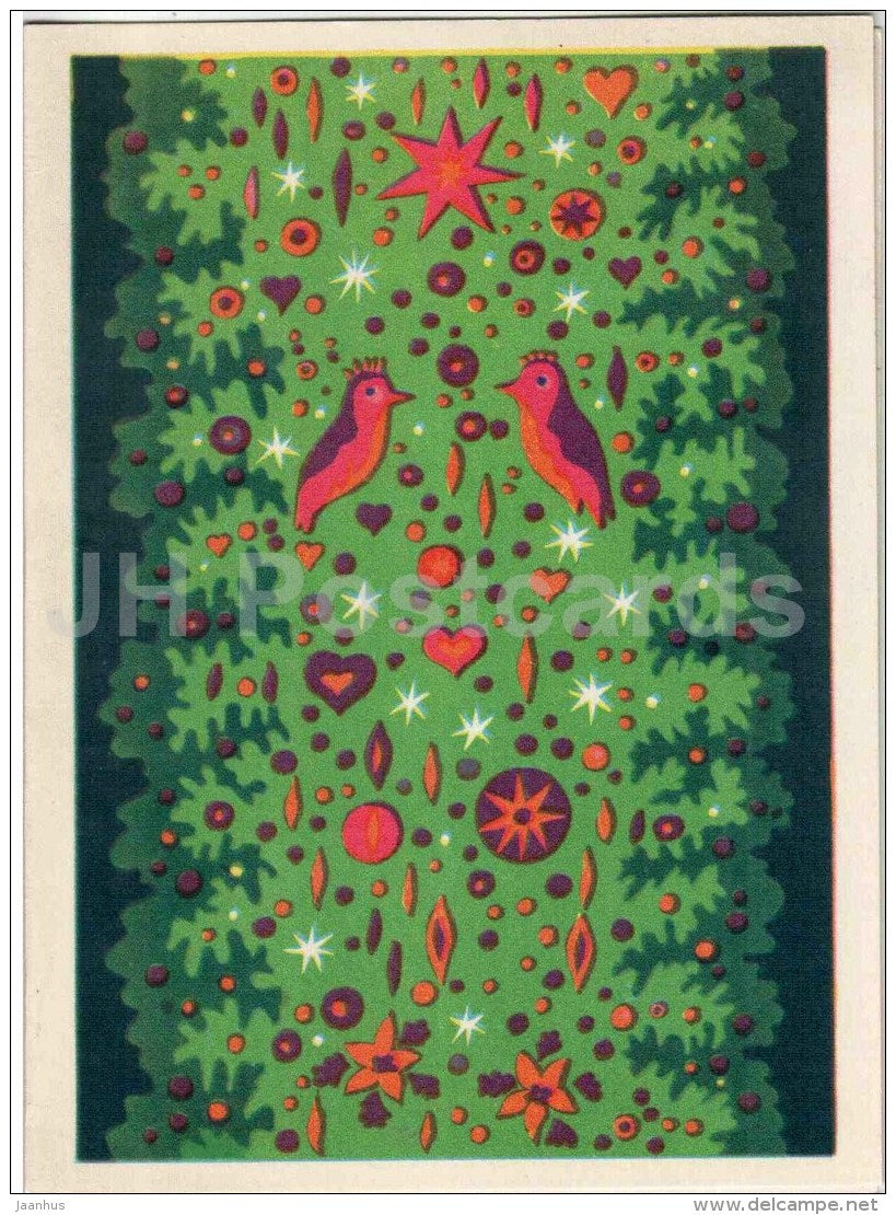 New Year greeting card by M. Vint - illustration - birds - decorations - 1971 - Estonia USSR - unused - JH Postcards