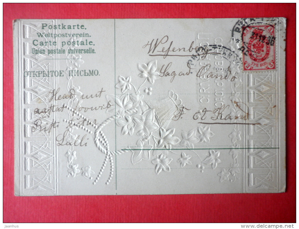 new year greeting card - flowers in the basket - embossed - circulated in Imperial Russia Estonia Wesenberg 1906 - JH Postcards