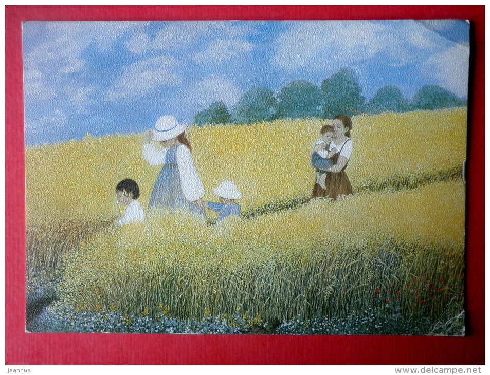 illustration by Heide Dahl - Cornfield - children - mother - dog  Germany - sent from Finland to Estonia USSR 1989 - JH Postcards