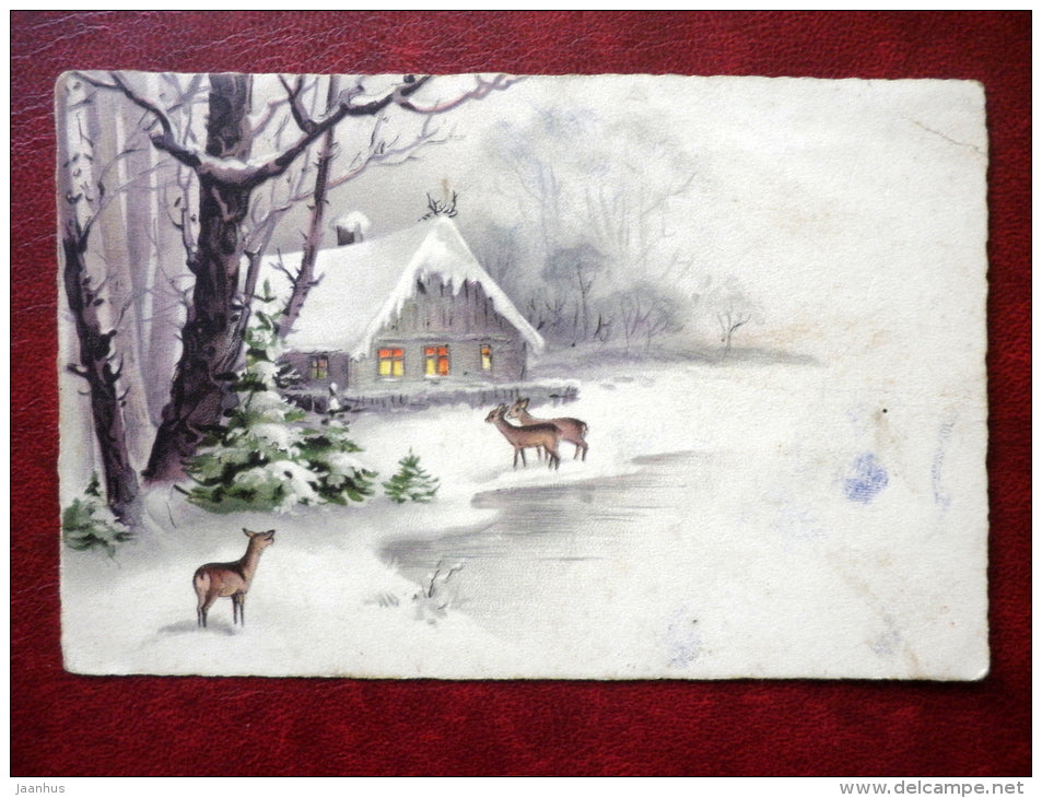 illustration - Roe deer - house - winter - 6290 - Germany - unused - JH Postcards