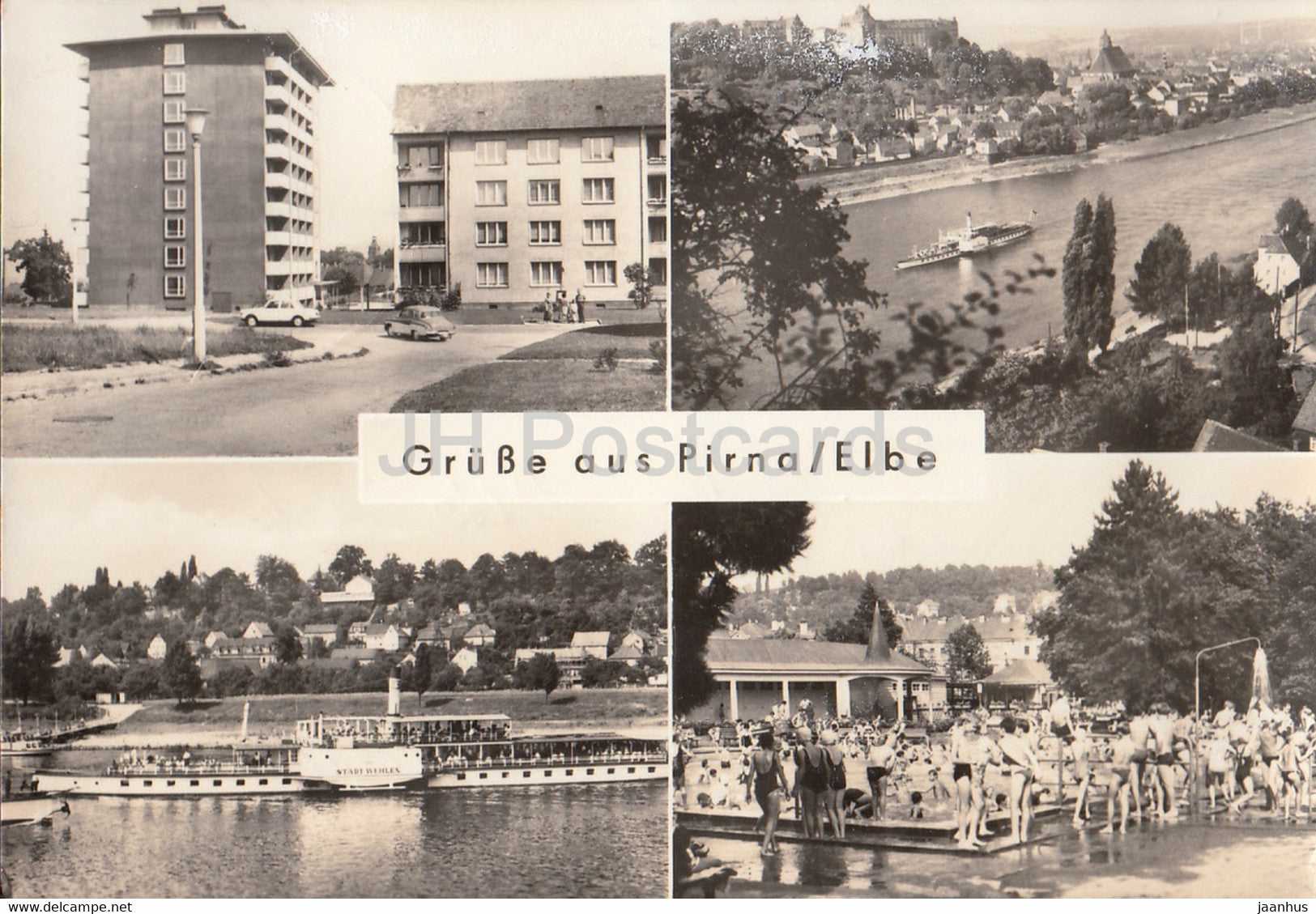 Grusse aus Pirna - Elbe - Pirna Copitz - Gaststatte Schone Hohe - Geibeltbad - ship Stadt Wehlen - Germany DDR - used - JH Postcards