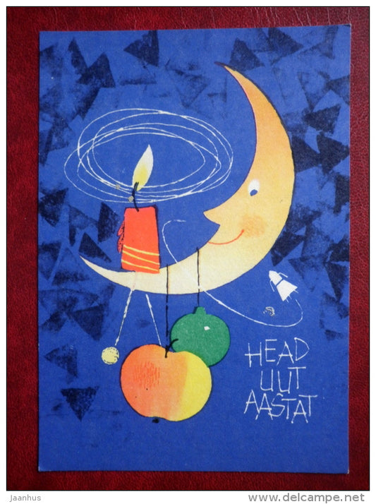 New Year Greeting card - candle - moon - apple - 1967 - Estonia USSR - used - JH Postcards