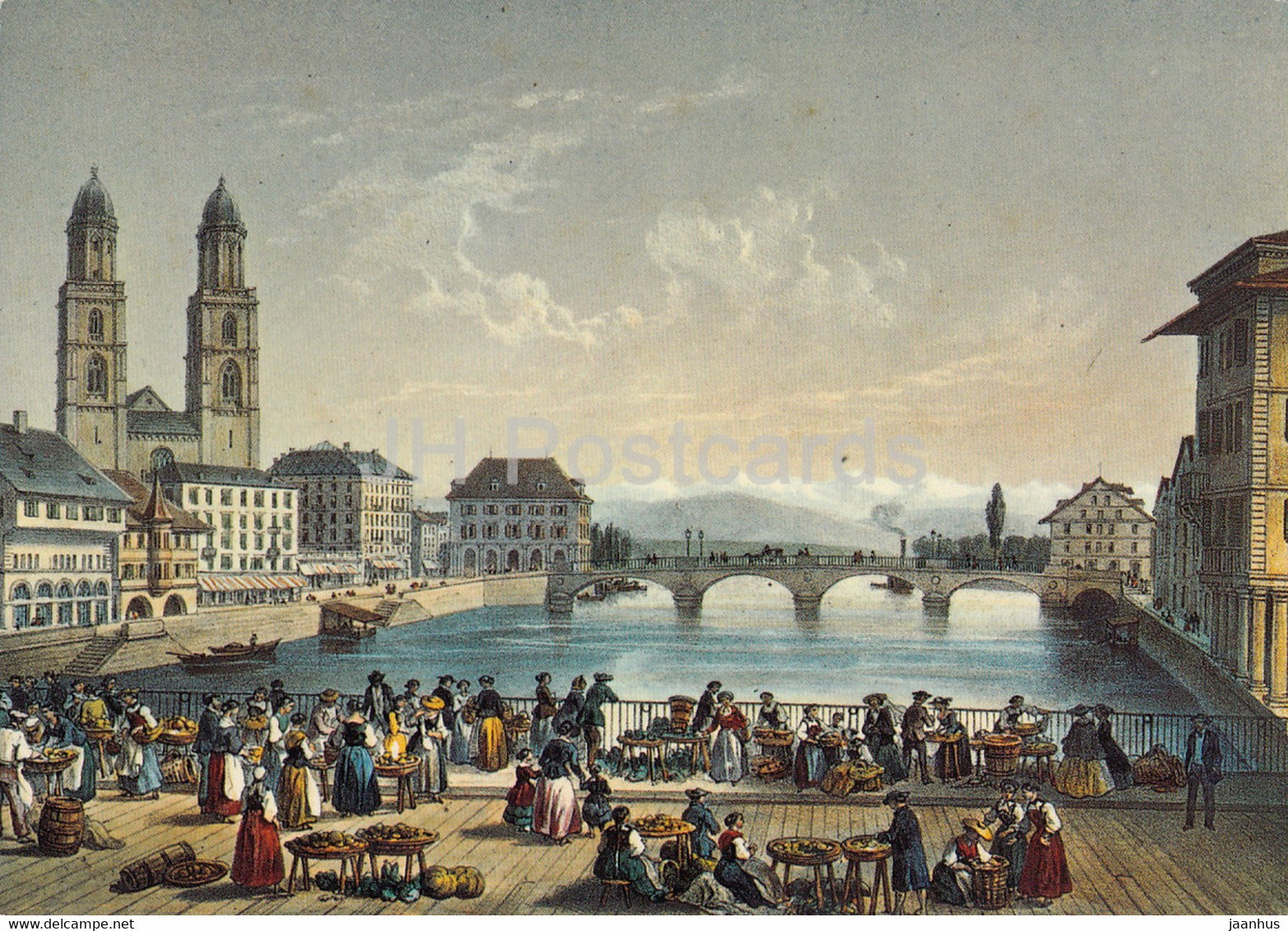 Zurich um 1860 - Gemusebrucke mit Blick gegen den See - Steingravur von J L Deroy - bridge - Switzerland - unused - JH Postcards