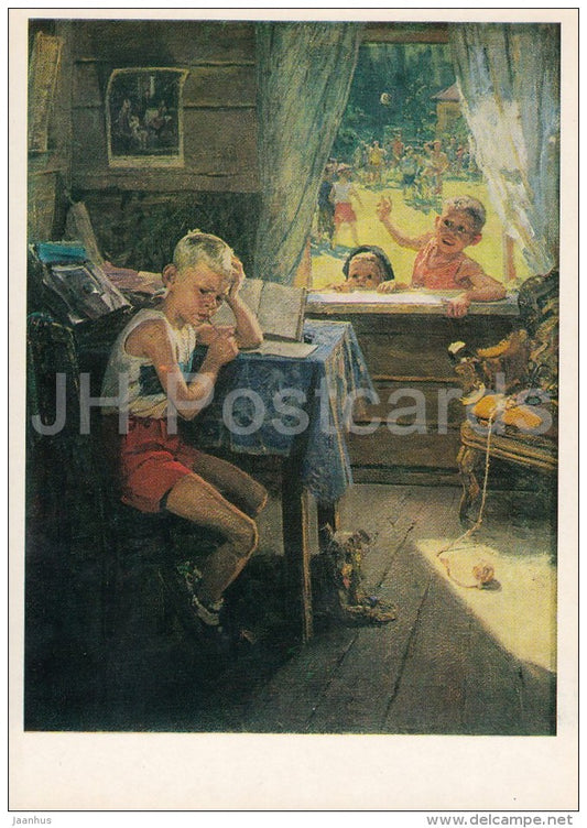 painting by F. Reshetnikov - Reexamination , 1954 - children - Russian art - 1986 - Russia USSR - unused - JH Postcards