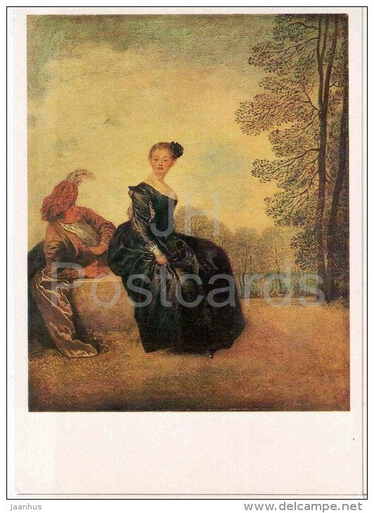 painting by Jean-Antoine Watteau - Capricious woman - man - french art - unused - JH Postcards