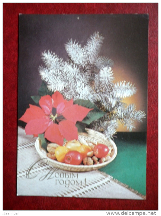 New Year greeting card - apples - nuts - flowers - 1989 - Russia USSR - used - JH Postcards