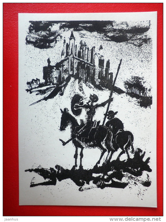 illustration by K. Alonso - Sancho Panza - castle - Don Quixote by Miguel de Cervantes - 1965 - Russia USSR - unused - JH Postcards