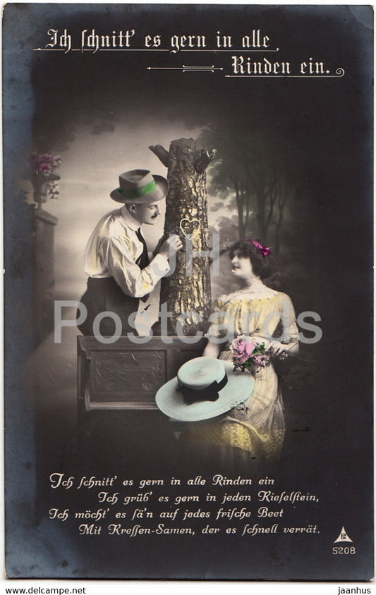 Ich Schnitt es gern in alle Rinden ein - couple - woman and man - PH 5208 - old postcard - 1915 - Germany - used - JH Postcards