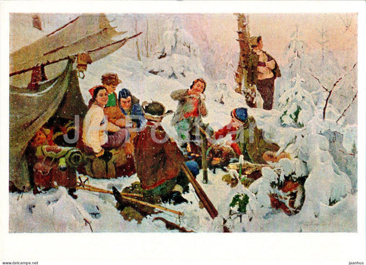 painting by A. Mazitov - Tourists - hikers - hiking - Russian art - 1963 - Russia USSR - unused - JH Postcards