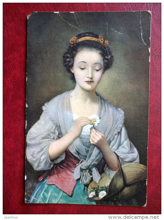 painting by Jean Baptiste Greuze - Blumenorakel - 29644 - Flower Oracle - daisy - Stengel - used - JH Postcards