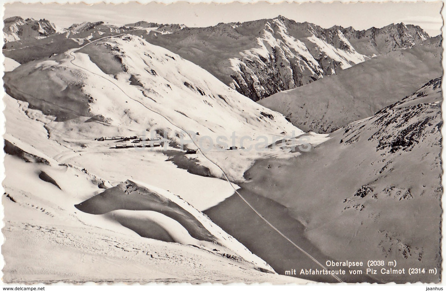 Oberalpsee 2038 m mit Abfahrtsroute vom Piz Calmot 2314 m - 3207 - Switzerland - old postcard - unused - JH Postcards