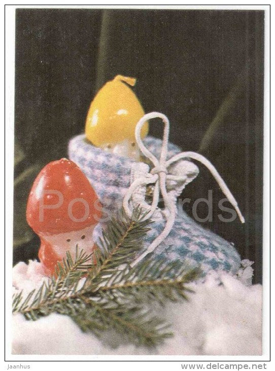 New Year Mini Greeting card - dwarf - candle - apple - 1989 - Estonia USSR - used - JH Postcards