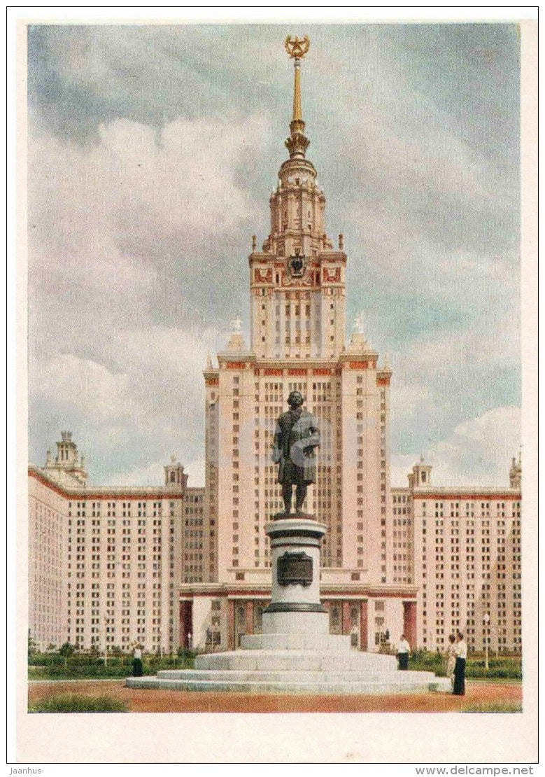 Main Building of Moscow State University on Lenin Hills - monument to Lomonosov - Moscow - 1956 - Russia USSR - unused - JH Postcards