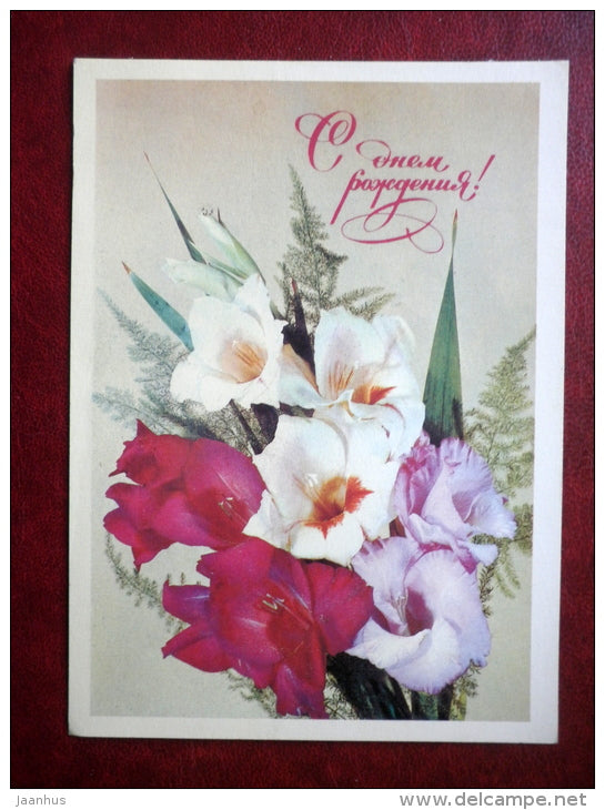 Birthday Greeting Card - gladiolus  - flowers - 1982 - Russia USSR - used - JH Postcards