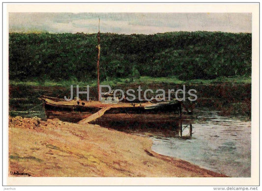 painting by I. Levitan - A gray day . Forest by river - boat - russian art - unused - JH Postcards