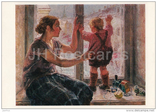 painting by N. Terpsikhorov - A window into the world , 1928 - mother - child  Russian art - Russia USSR - 1979 - unused - JH Postcards