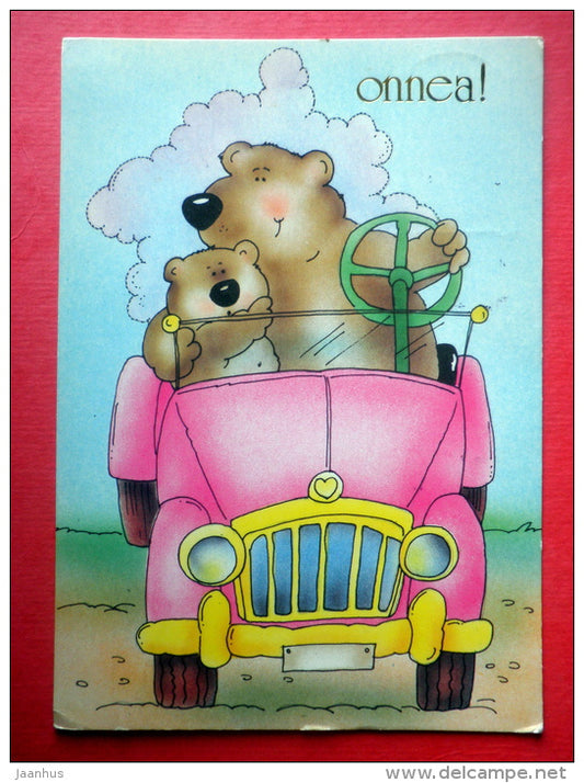 illustration - bear - car - Finland - sent from Finland Turku to Estonia USSR 1988 - JH Postcards