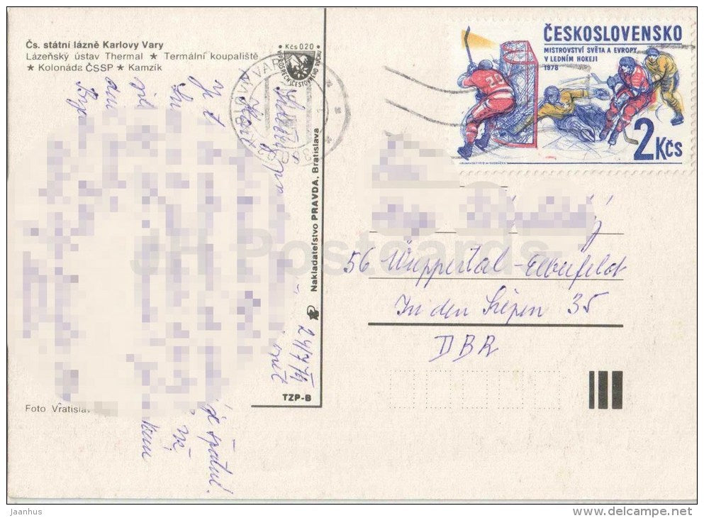 Karlovy Vary - Karlsbad - spa Thermal - hockey stamp - chamois - Czechoslovakia - Czech - used 1979 - JH Postcards