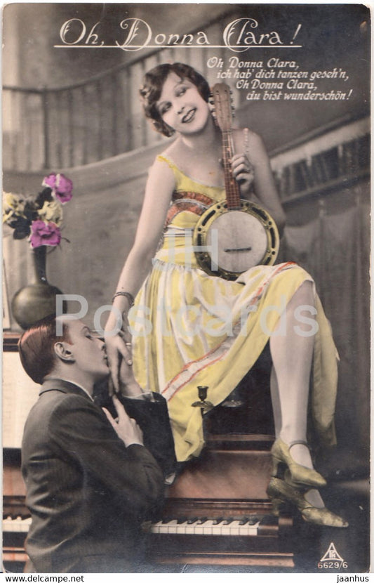 Oh Donna Clara - couple - woman and man - banjo - piano - PH 6629/6 - old postcard - Germany - unused - JH Postcards