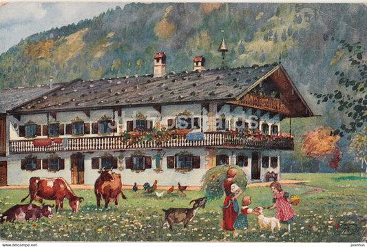 Schlierseehaus - illustration - cow - Serie 1 - old postcard - Germany - unused - JH Postcards