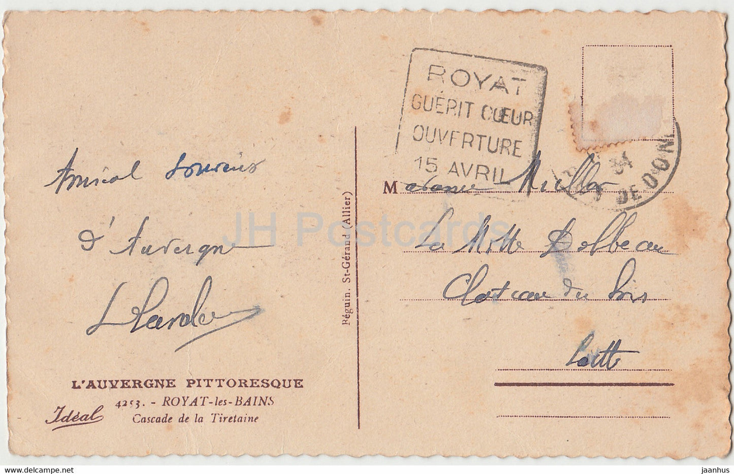 L'Auvergne Pittoresque - Royat les Bains - Cascade de la Tiretaine - 4253 - old postcard - 1934 - France - used