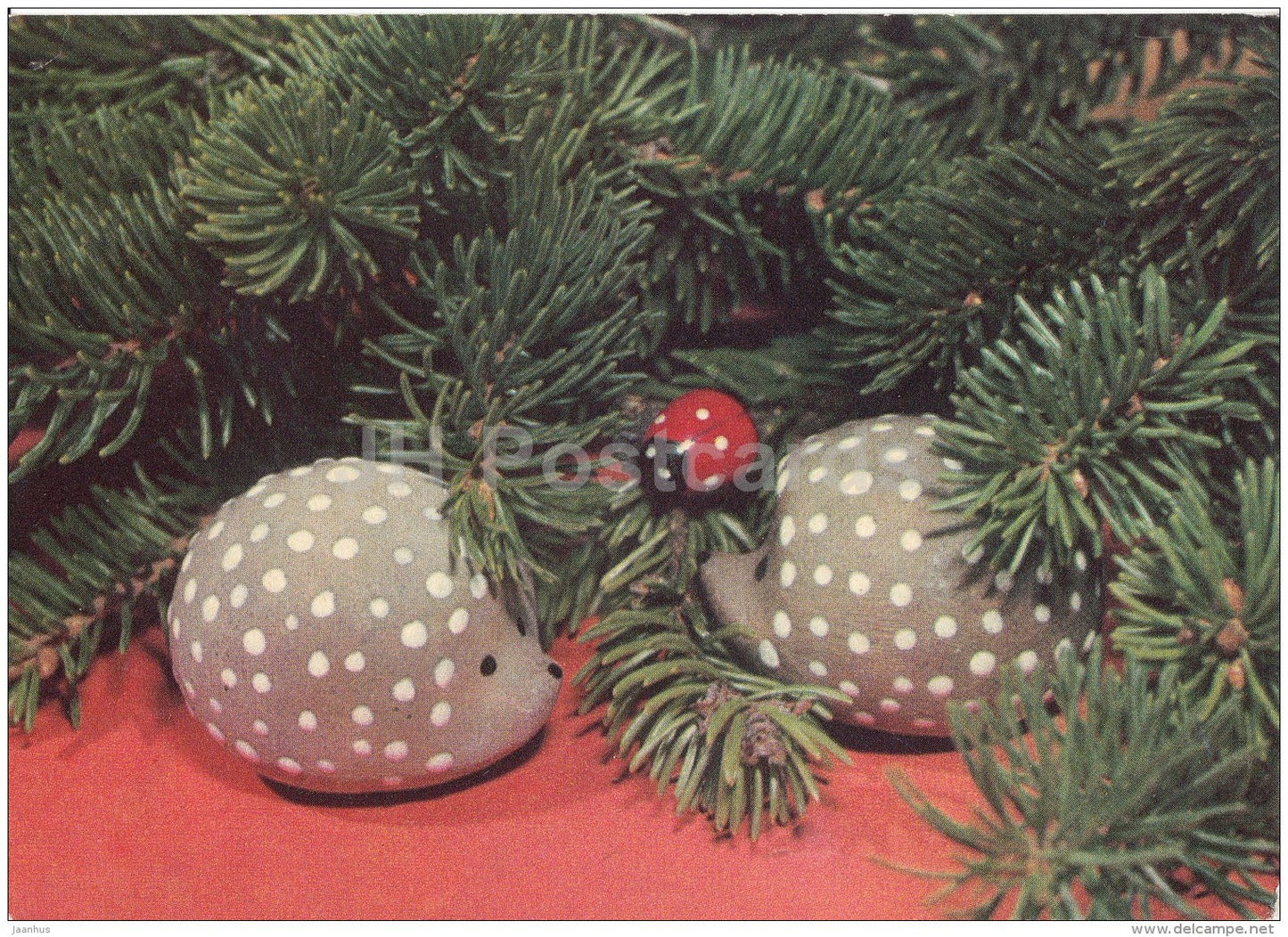 New Year Greeting Card - hedgehog - ladybug - 1970 - Estonia USSR - used - JH Postcards