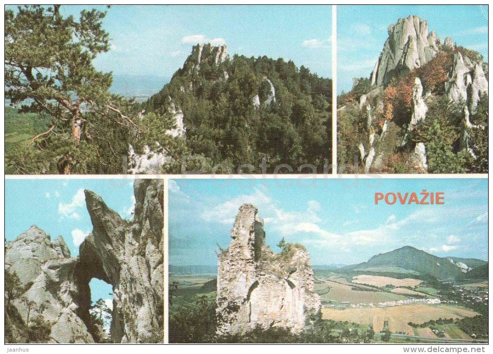 Povazie - Ruins of the castle Hricov - Sulovsky rocks - View of the Povazský castle - Czechoslovakia - Slovakia - JH Postcards