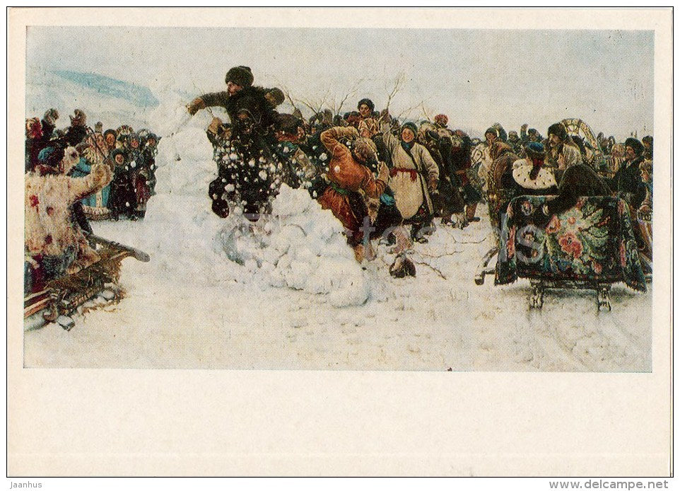 painting by V. Surikov - Taking a snow town , 1891 - horse sledge - Russian art - 1980 - Russia USSR - unused - JH Postcards