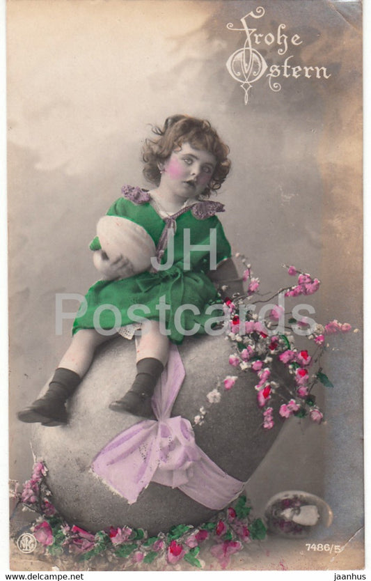 Easter Greeting Card - Frohe Ostern - egg - girl - flowers - NPG 7486/5 - old postcard - 1924 - Germany - used - JH Postcards