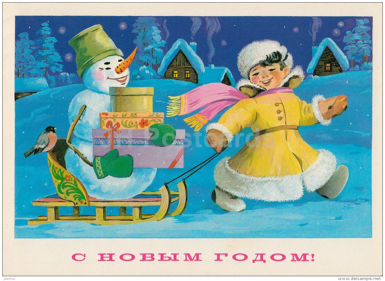 New Year Greeting Card by F. Markov - snowman - boy - sledge - AVIA - postal stationery - 1981 - Russia USSR - used - JH Postcards