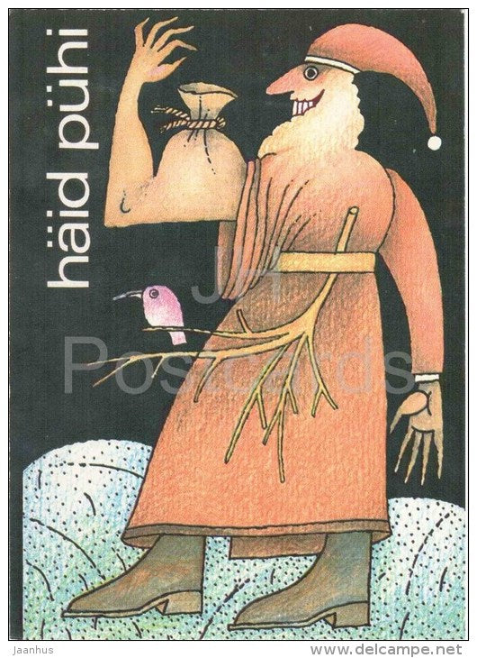 New Year Greeting card by J. Piho - Santa Claus - bird - 1989 - Estonia USSR - used - JH Postcards