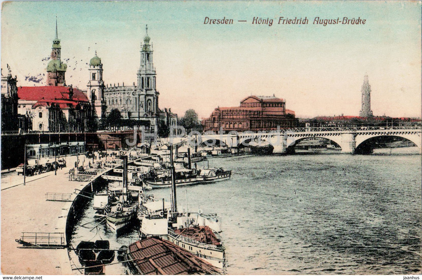 Dresden - Konig Friedrich August Brucke - bridge - ship - boat - 1912 - old postcard - Germany - used - JH Postcards