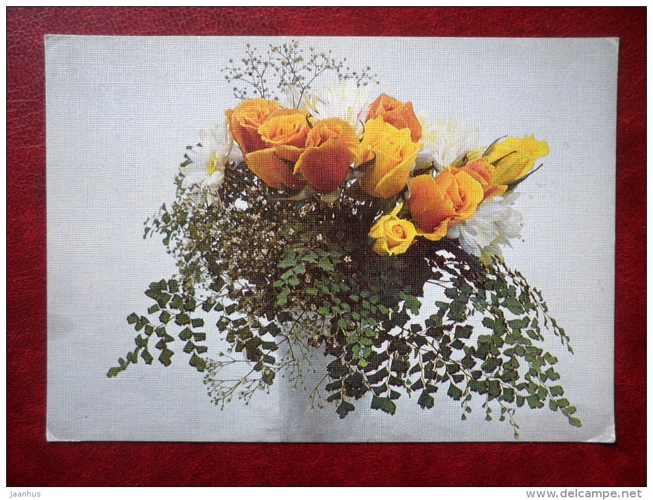 Greeting card - composition yellow roses - flowers - 1987 - Estonia USSR - used - JH Postcards