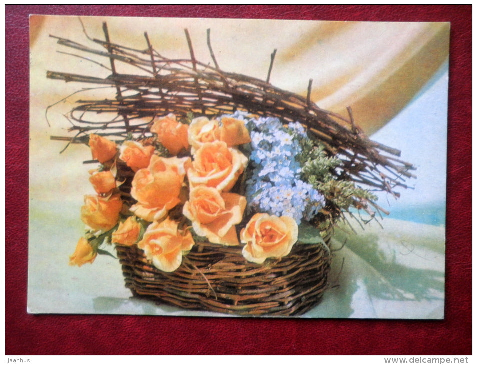 Greeting Card - forget-me-not - yellow roses - flowers - 1972 - Russia USSR - used - JH Postcards