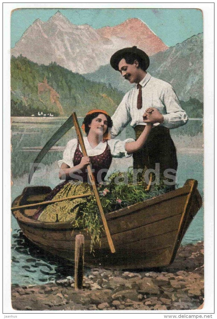 man and woman - couple - scythe - boat - mountains - 1005/2 - Germany - circulated in Estonia - JH Postcards